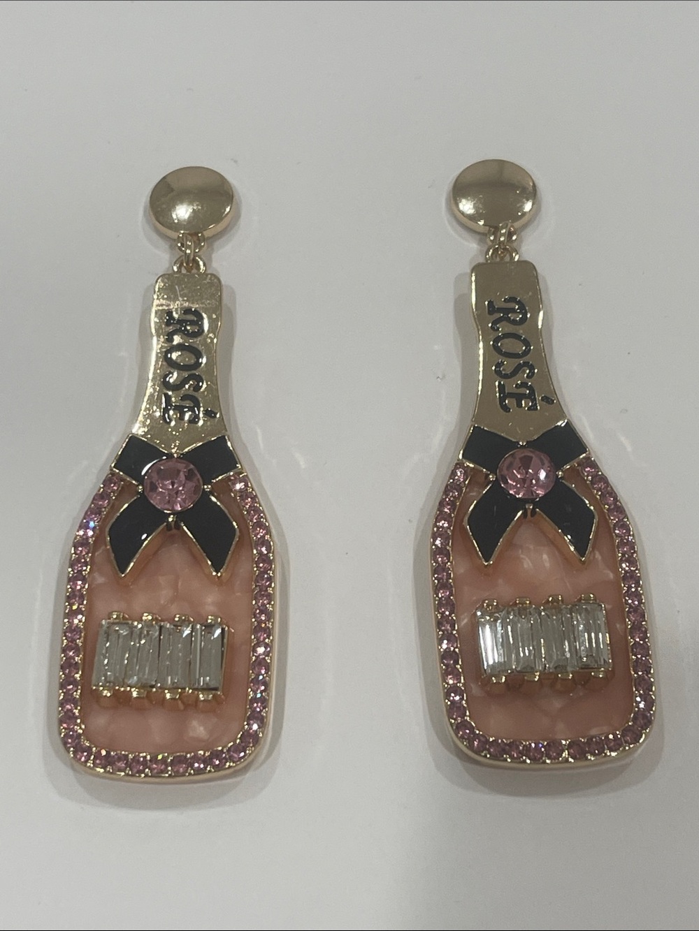 Pink Champagne Bottle Drop Earrings - Gold Tone